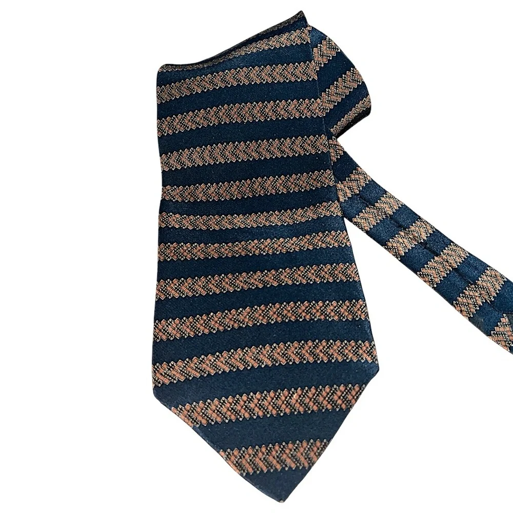Kenneth Cole Striped Geometric Pattern Dark Blue and Tan Silk Tie